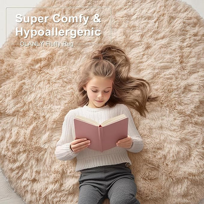 OLANLY Beige Round Rugs for Bedroom - Machine Washable, 4 ft Circle Area Rugs for Living Room, Soft and Fluffy Shaggy Carpet for Teen Girls and Boys, Nursery Rooms, Dorms, Home Decor Aesthetic