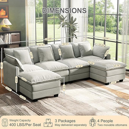107" Cloud Couch Sectional, U Shaped Modular Sectional Sofa, 4-Seat Deep Seat Couch with 6 Removable Washable Pillows and 2 Ottoman for Living Room, Bedroom, Apartment, Light Grey