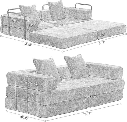 Convertible Couch Sofa Bed Foldable Floor Sleeper | Modern Fold Out Couch | Removable Backrest & Armrests | No Assembly Compression Sofa Sleeper for Living Room, Bedroom | Green Chenille