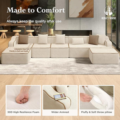 HERA'S HOUSE 163" Cloud Sectional Couch, Oversized U-Shaped Modular Upholstered Sofa with Ottomans, Corduroy Boneless Couches with 6 Throw Pillows for Living Room, No Assembly Required, Beige