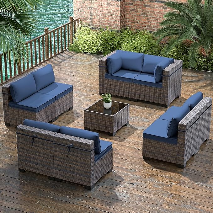Gotland 9 Pieces Patio Furniture Set with 29.5'' High Backrest, All Weather PE Wicker Outdoor Furniture with 4’’ Thickened Cushions Coffee Table, Patio Set for Deck, Garden, Backyard, Navy