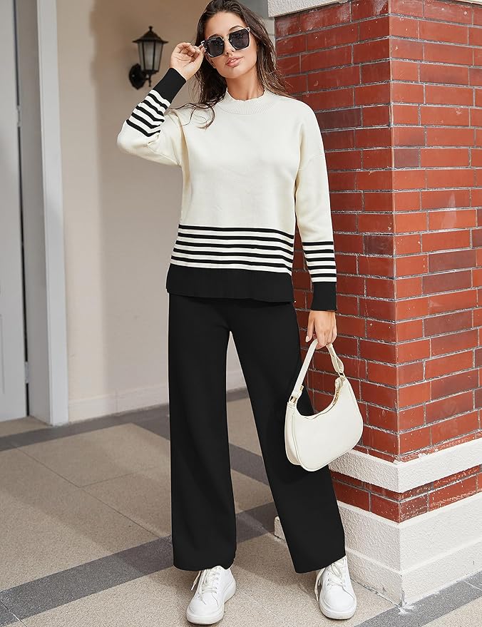 Tanming Women's Lounge Sets 2 Piece Outfits Knitted Pullover Sweater Tops Wide Leg Pants Tracksuit