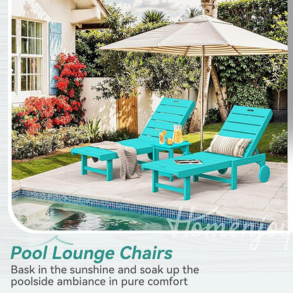 Outdoor Chaise Lounge Chairs with Table, 6-Piece, 26.8” Super Wide Lounge Chair Outdoor, HDPS Pool Chairs with 5 Positions, Patio Lounge Chair with Wheels for Pool,Lawn,Backyard, Aruba Blue