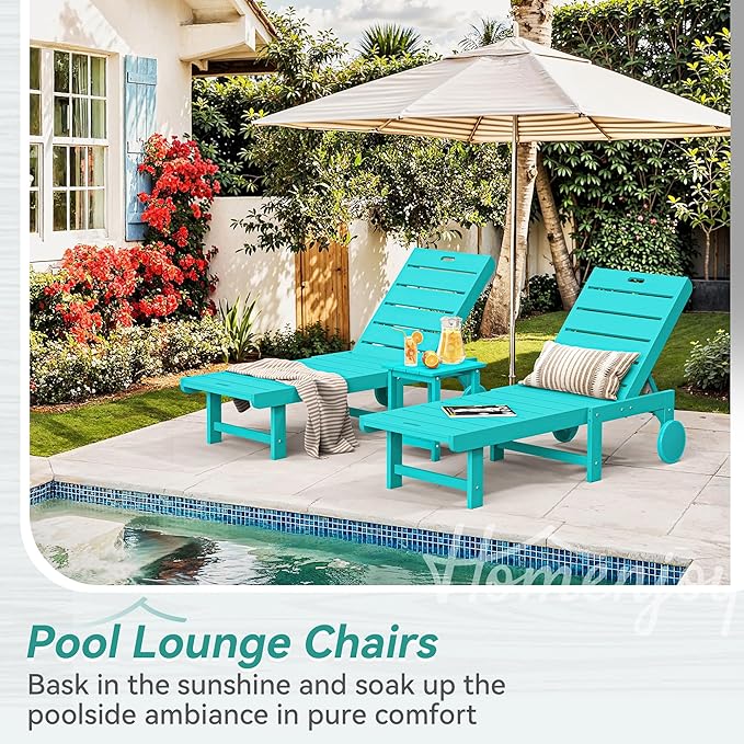 Homenjoy Outdoor Chaise Lounge Chairs Set of 4, 26.8” Super Wide Lounge Chair Outdoor, HDPS Pool Chairs with 5 Positions, Patio Lounge Chair with Wheels for Pool,Lawn,Backyard, Aruba Blue