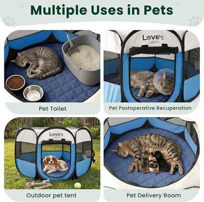Love's cabin Dog Playpen with Washable Pee Pad, Puppy Pet Cat Playpen Small Dogs Tent Crate Indoor/Outdoor, Portable Pop Up Kennel with Carrying Case for Cats/Rabbits(Blue,Small with pad)