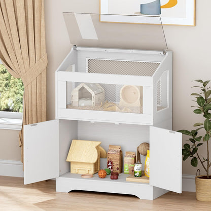 PAKASEPT Hamster Cage, Small Animal Cages with Storage Cabinet, Visual and Ventilated Large Habitats Hamster House for Rat, Guinea Pig, Hedgehog, Gerbil, White