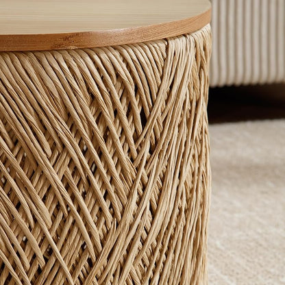 LZAREAL Farmhouse Round Coffee Table with Storage Boho Living Room Table with Lifting Top Hand-Woven Rattan Nesting Coffee Tables for Living Room, Natural