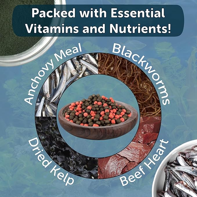 Aquatic Foods Inc. 3mm -1/18" California Blackworm & Beef Heart Floating Pellets for Marines, Cichlids, Tropical Fish, Koi & Pond Fish, 4-Type Wafer & 12-Type Pellet Mix Included 6.75oz Canister
