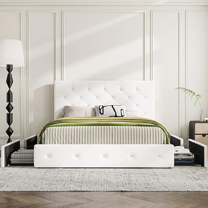 MUTICOR Queen Size Bed Frame with 4 Storage Drawers, Upholstered Platform Bed with Button Tufted Adjustable Headboard, No Box Spring Needed, Easy Assembly, Diamond Tufted, White Leather