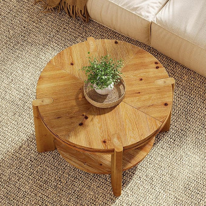 TRIBEWOOD Round Solid Wood Coffee Table, 29.5" Small Farmhouse Circle Accent Center Tables with Storage Shelf for Living Room, 2 Tiers Open-Style Storage Cocktail Tea Furniture, Rustic Brown