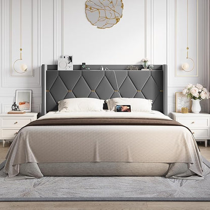 Allewie Velvet King Size Upholstered Bed Frame with Wingback Storage Headboard & Charging Station, Platform Bed with Diamond Tufted Design & Gold Trim, No Box Spring Needed, Easy Assembly, Grey