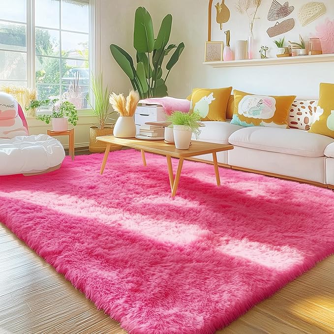 OLANLY Area Rugs for Living Room Bedroom, Machine Washable 4x5.9 ft Soft Fluffy Shaggy Bedside Rug, Indoor Floor Carpet for Kids Girls and Boys, Dorms, Nursery Rooms, Home Decor Aesthetic, Hot Pink