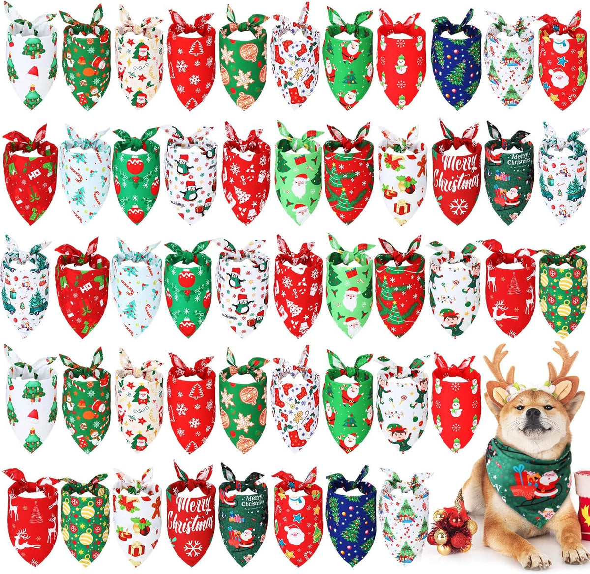 Abbylike 50 Pcs Christmas Dog Bandanas Bulk Xmas Bandanas for Dogs Triangle Kerchief Bibs Scarf Set for Pet Xmas Costume Photo Props Accessories Pet Shops Grooming, 25 Styles (25.6 x 17.7 x 17.7)