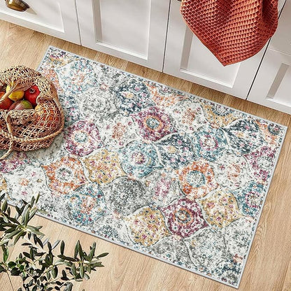 Lahome Moroccan Trellis Entryway Rug, 2x3 Kitchen Rugs Non Slip Washable, Non-Slip Indoor Door Mat Ultra-Thin, Small Throw Carpet for Bathroom Bedroom Entry, Aqua/Multi