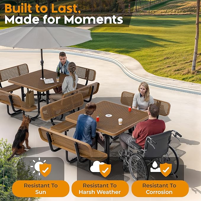 Metal Picnic Tables for Outdoors with Umbrella Hole - Coated Steel Heavy Duty Commercial Grade Furniture with Adjustable Seats (Brown, 46 in, Square with Back, Expanded Steel)