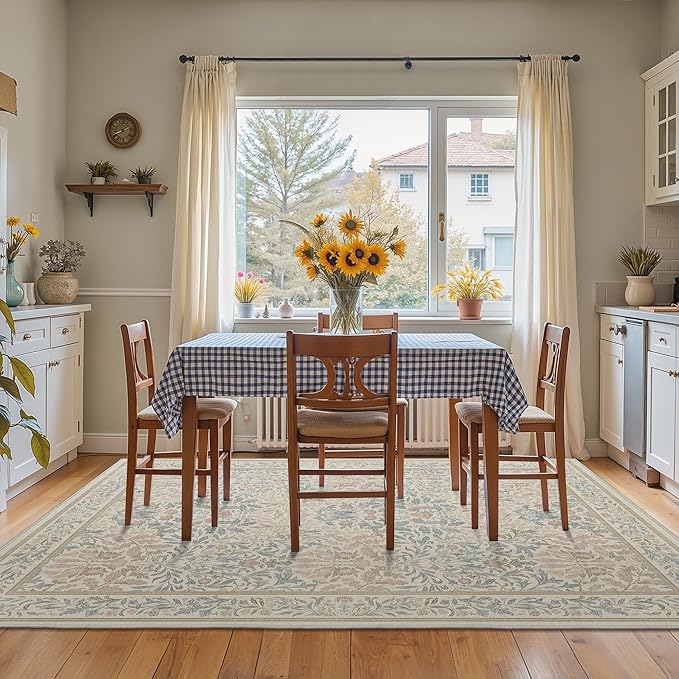 GENIMO 5x7 Washable Area Rug, Non-Slip Vintage Boho Floral Carpet, Soft Low-Pile Thin Bedroom Rug for Living Room, Dining Room, Nursery, Beige Pink