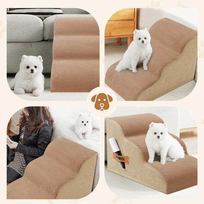 Romrol Dog Stairs Ramp for Beds Couches, Extra Wide Pet Steps with Durable Non-Slip Waterproof Fabric Cover, Dog Slope Stairs for Small Dogs and Cats or Pets Friendly, 3-Tiers, 13 Inch,Light Brown