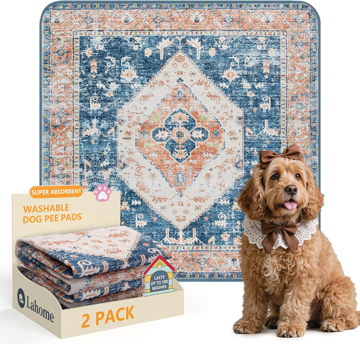 Lahome Super Absorbent Washable Pee Pads for Dogs - Secure Floor Protection - Non-Slip, Leakproof Reusable Pads for Training, Crates & Playpens (2 Pack, 36"x36", Beige Blue)