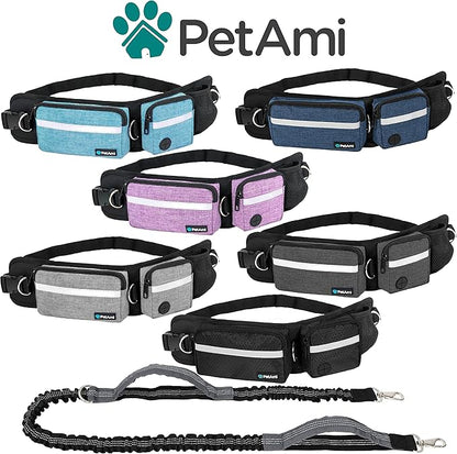 PetAmi Hands Free Dog Leash, Running Leash Belt Bag for Walking, Jogging, Waist Double Zipper Pouch with Poop Dispenser, Dual Padded Handles Reflective Bungee Single, Purple, 1 Leash