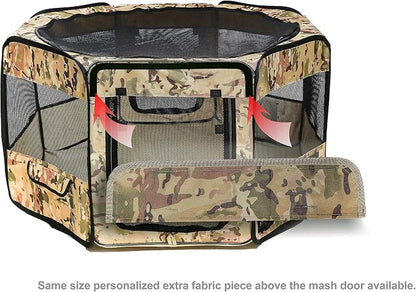 Pawer 45”×24” 8-Panel Foldable Pet Playpen, Desert Camouflage Pattern, Personalize Fabric Piece Available, for Cat/Dog/Puppy, 600D Oxford Cloth Portable Indoor & Outdoor Kennel with Carry Bag