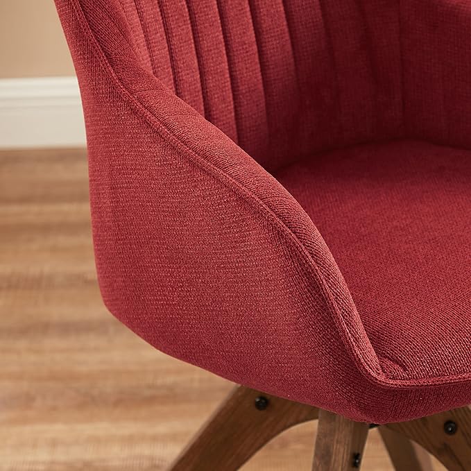 Art Leon Desk Chair No Wheels - Mid Century Modern Office Chair, Swivel Accent Chair with Oak Wood Legs, Fabric Upholstered Arm Chair, Red