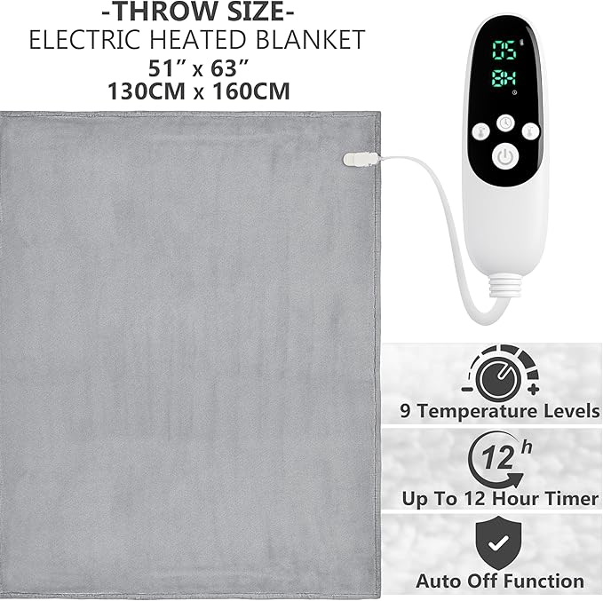 Heated Blanket Electric Luxurious Fleece Throw Blanket, 9 Heat Settings & 12H