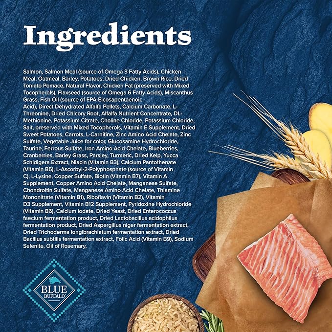Blue Buffalo Wilderness Natural High-Protein Dry Food for Adult Dogs, WITH WHOLESOME GRAINS, Salmon, 28-lb Bag.