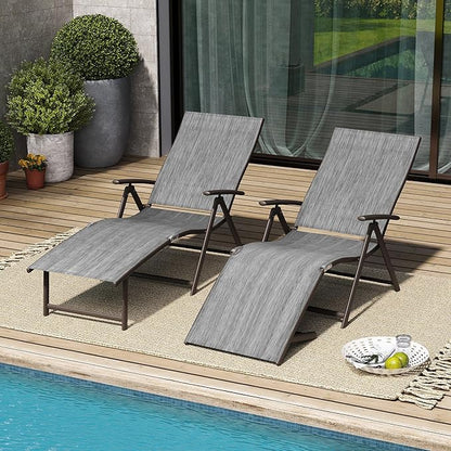 VredHom 2PCS Patio Chaise Lounge Outdoor Folding Adjustable Lounge Chair Recliner with 8 Adjustable Backrest Positions for Pool Beach Yard, Dark Gray Textliene and Brown Aluminum Frame