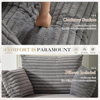 JEEOHEY Modern Round Accent Sofa Chair for Living Room, Upholstered Corduroy Barrel Lounge Arm Chair with Large seat&Throw Pillows for Bedroom, Office, Apartment, Grey