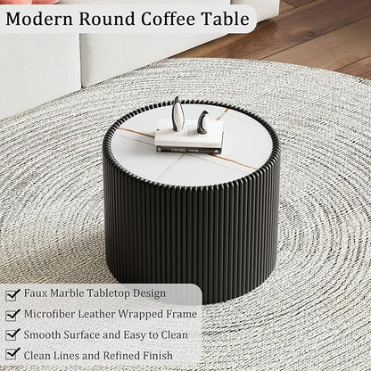 Black Round Coffee Table with Sintered Stone Tabletop, 17.71" Drum Coffee Table with Fluted PU Leather Covered and Stable Base, Circle Cocktail Tea Table for Living Room