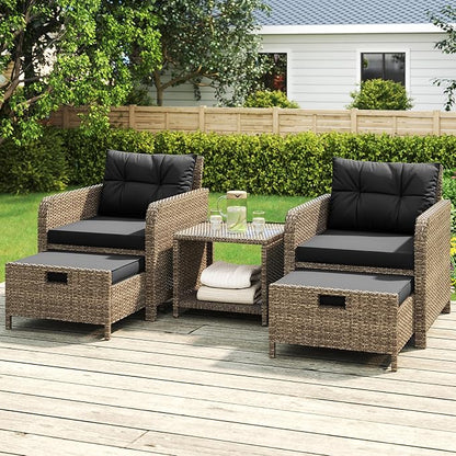 LHBcraft 5 Piece Patio Conversation Set Outdoor Patio Chairs with Ottomans Balcony Furniture with Soft Cushions & Coffee Table for Poolside Garden Balcony (Black Cushion +Yellow Rattan)