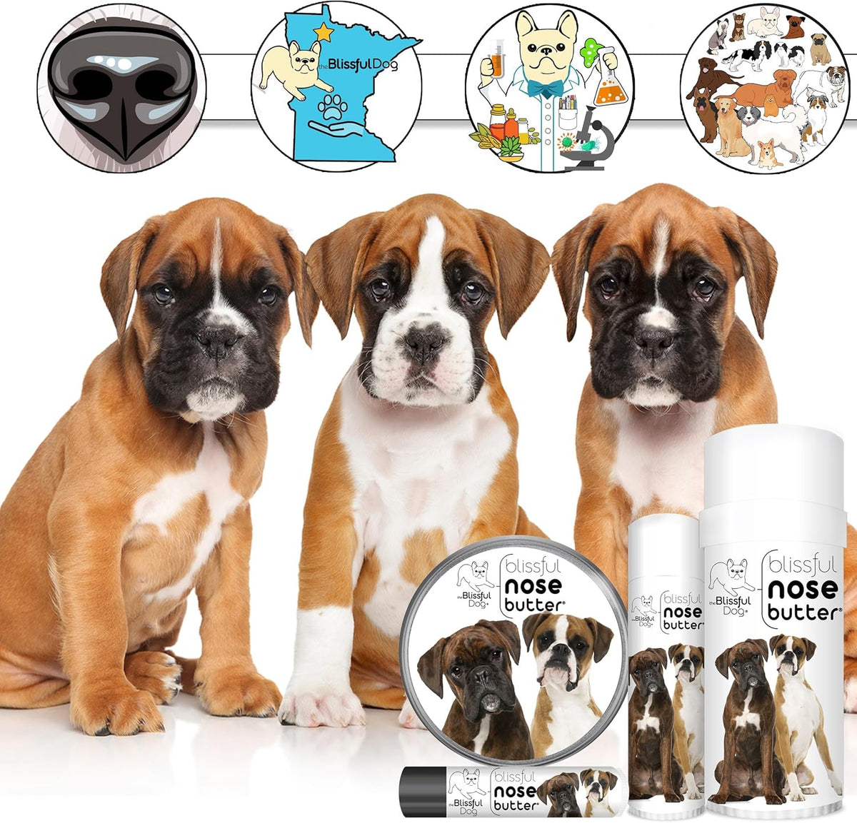 The Blissful Dog Boxer Duo Nose Butter, Versatile Dog Nose Balm for Dry Nose, Handcrafted Nose Moisturizer, Easy-to-Apply Dog Essentials, Unscented, 2 oz.