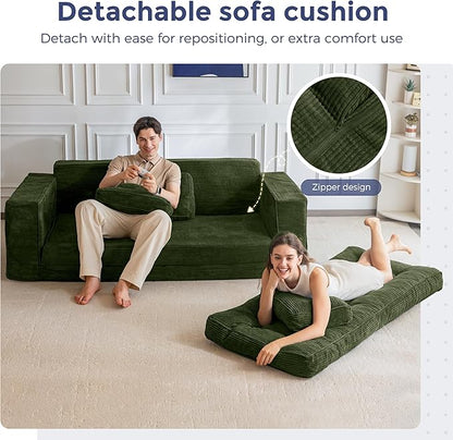 MAXYOYO Convertible Sofa Bed, Pull Out 3 Seater Sleeper Sofa, 2 in 3 Folding Couch Bed, Fold Out Floor Couch with Pillows for Living Room Bedroom Lounge, Dark Green