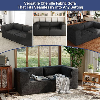 76" Sectional Compressed Sofa Modular Couches Loveseat 2 Deep Seat,High-Density Foam No Assembly Required,2-Piece(2xCorner) for Living Room Fabric Chenille Dark Grey