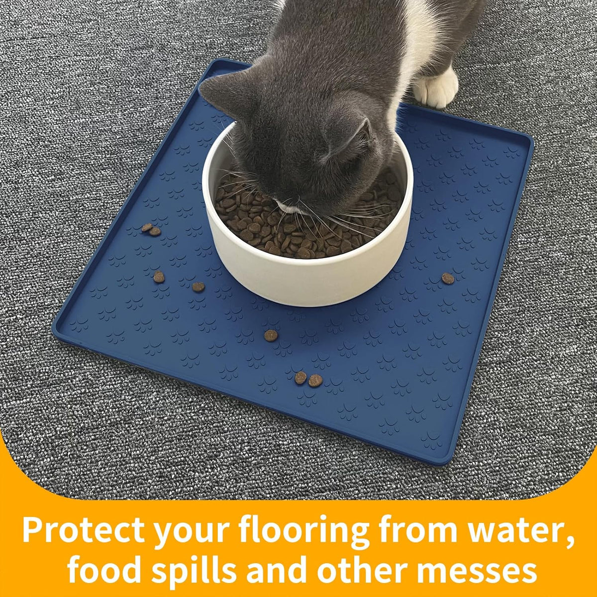 Ptlom Pet Placemat for Dog and Cat, Waterproof Non-Slip Silicone Feeding Bowl Mat Prevent Food and Water Overflow, Puppy Dish Feeder Fountain Trays Suitable for Medium and Small Pets, Navy Blue