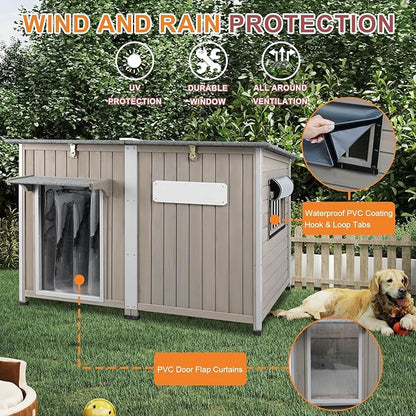 Outdoor Dog House Weatherproof, Wooden Puppy Shelter with Anti-Chewing Iron Frame and Elevated Floor, Sturdy Dog Kennel for Small, Medium & Large Dogs (Gray, 51" L x 29" W x 32" H)