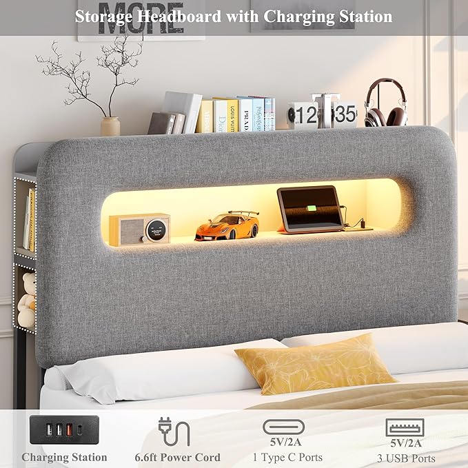 HOSTACK Queen LED Bed Frame with Storage Headboard and Charging Station, Boys Bed Frame with 2 Drawers and USB Ports, Velvet Upholstered Platform Bed Frame with Bookcase, No Box Spring Needed, Grey