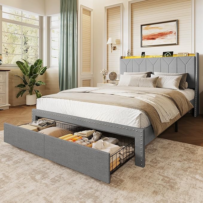 WLIVE Full Size Upholstered Bed Frame with 2 Drawers, Linen Tufted Storage Headboard with Charging Ports and LED Light,Sturdy Metal & Wooden Slats Support, No Box Spring Needed, Light Grey