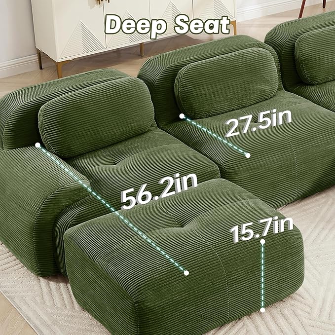 152" Modern Corduroy Cloud Sofa, Boneless Modular Large Sectional Couches for Living Room, Green 4 Seater Compressed Memory Foam Couch, Extra Deep Seat, No Assembly