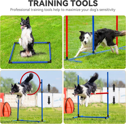 YITAHOME Dog Agility Training Equipment Set with Flexible Tunnel, Hurdle, Jump Ring, 6 Weave Poles, Pause Platform, Teaser Pole, 3 Flying Discs, and Carry Bags for Indoors Outdoors, Orange/Blue