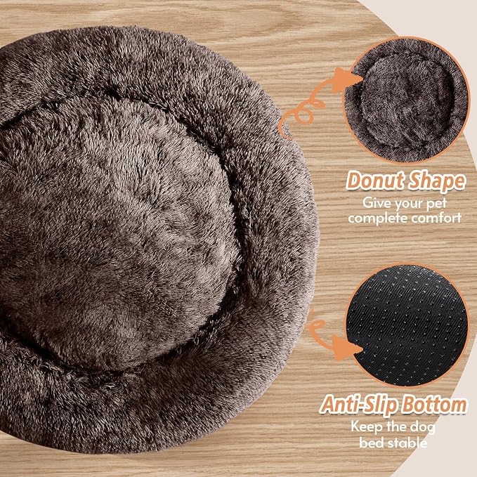JOLLYVOGUE Calming Dog Bed for Small Dogs - 23 inches Donut Washable Small Dog Bed for Kittens & Puppies, Anti-Slip Round Fluffy Plush Faux Fur Cat Beds (Fits up to 25 lbs Pets)