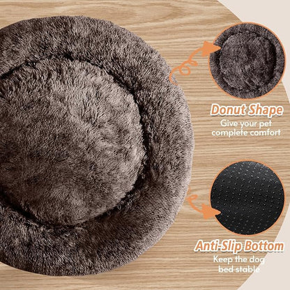 JOLLYVOGUE Calming Dog Bed for Small Dogs - 23 inches Donut Washable Small Dog Bed for Kittens & Puppies, Anti-Slip Round Fluffy Plush Faux Fur Cat Beds (Fits up to 25 lbs Pets)