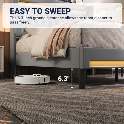 Allewie Upholstered King Size Platform Bed Frame with LED Light and Charging Station, Button Tufted High Headboard, Wingback Design, Noise Free, Easy Assembly, No Box Spring Needed, Grey