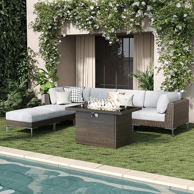 LayinSun 7-Piece Outdoor Modular Wicker Sectional Sofa with Fire Pit Table, Patio Furniture Conversation Set with Deep Seating and Thick Cushions