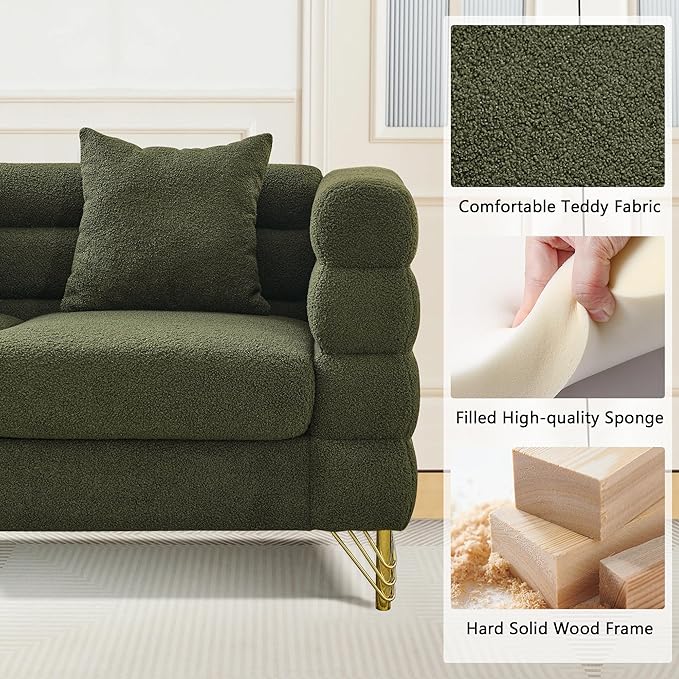 mikibama Modern Teddy Loveseat Sofa, 60 Inch Sectional Sofa Couch, Luxury 2 Seater Deep Couch with 2 Pillows and Gold Metal Legs for Living Room, Bedroom, Apartment (Green)