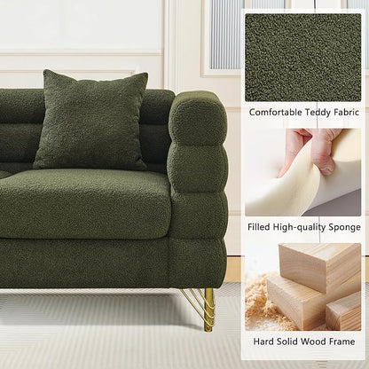 mikibama Modern Teddy Loveseat Sofa, 60 Inch Sectional Sofa Couch, Luxury 2 Seater Deep Couch with 2 Pillows and Gold Metal Legs for Living Room, Bedroom, Apartment (Green)