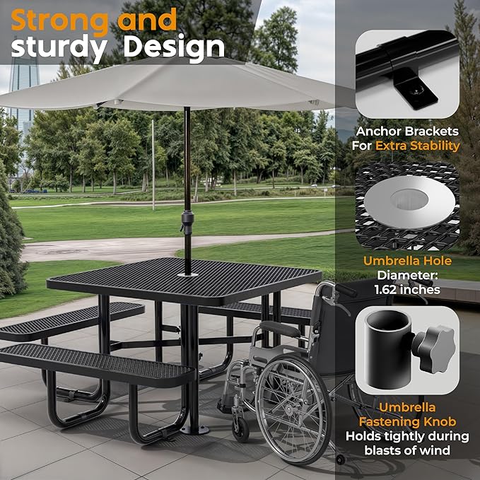 Metal Picnic Tables for Outdoors with Umbrella Hole - Coated Steel Heavy Duty Commercial Grade Furniture with Adjustable Seats (Black, 46 in, Square, Expanded Steel)