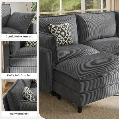 Apicizon 143" Cloud Couch Sectional, 4-Seat Deep Sofa Couch with Ottoman, Modern U Shape Sectional Cloud Sofa Corduroy for Living Room, Apartment, Office, Grey