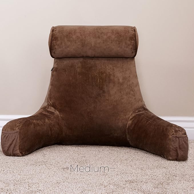 Husband Pillow Medium Chocolate, Backrest for Kids, Teens, Petite Adults - Reading Pillows with Arms, Adjustable Loft, Plush Memory Foam, Bed Rest Chair Sitting Up, Detach Neck Roll, Removable Cover