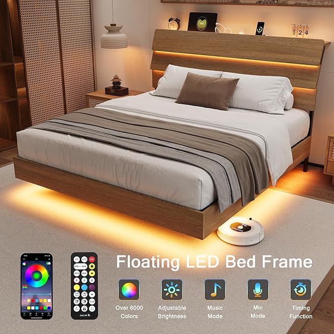 Full Size Bed with Charging Station, Floating LED Bed Frame with Wood Storage headboard, Heavy Duty Metal Slats, No Box Spring Needed, Noise Free, Easy Assembly, Walnut